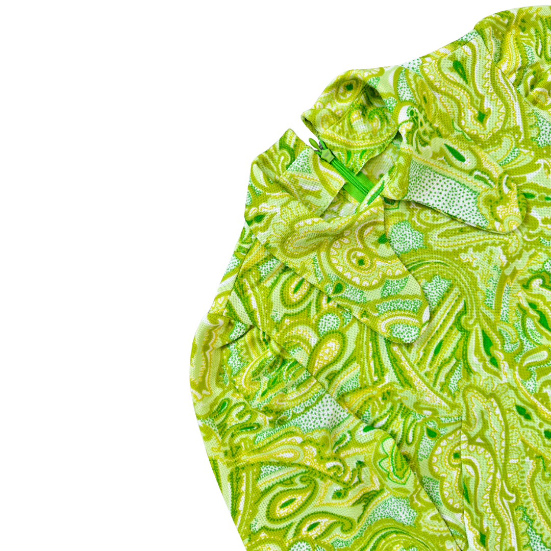 70s Neon Green Paisley Tab Collar Mini Dress | Extra-Small