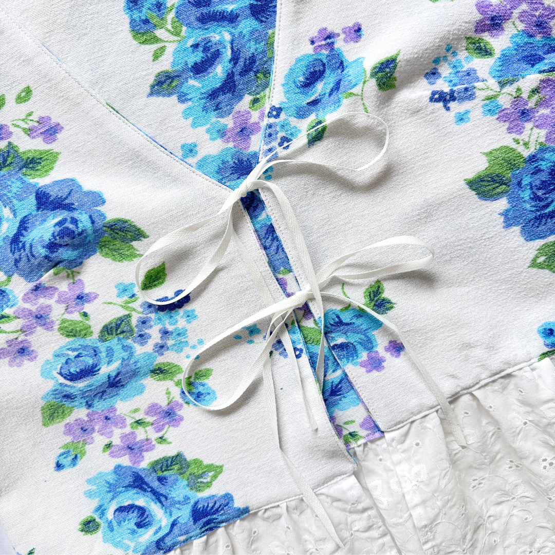 Recycled Blue Floral and White Eyelet Tie-Front Vest | Small