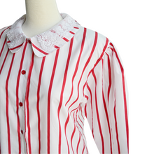 Load image into Gallery viewer, Red and White Striped Blouse with Lace Detailed Collar | Large
