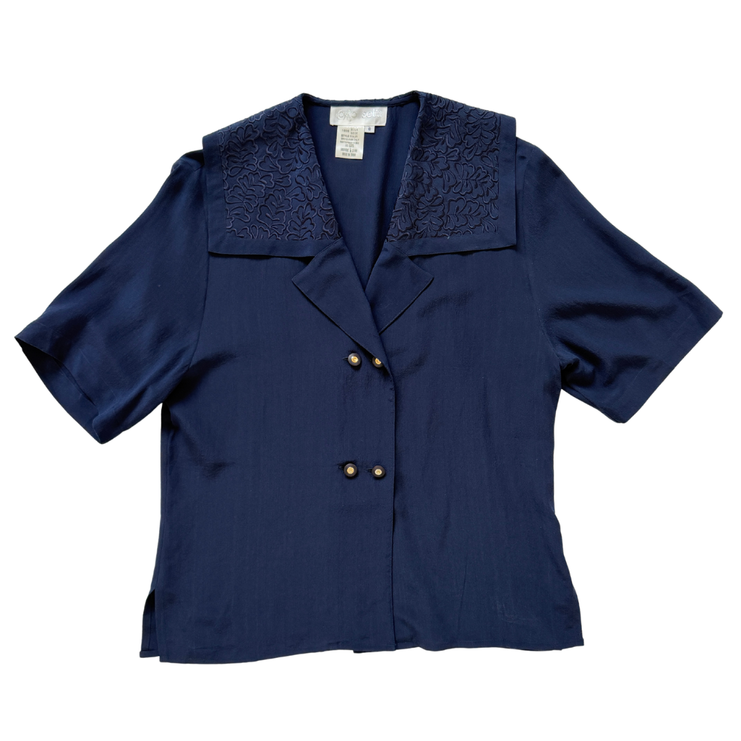 Vintage Como Seta Navy Silk Blouse with Oversized Embroidered Collar | Medium - Large
