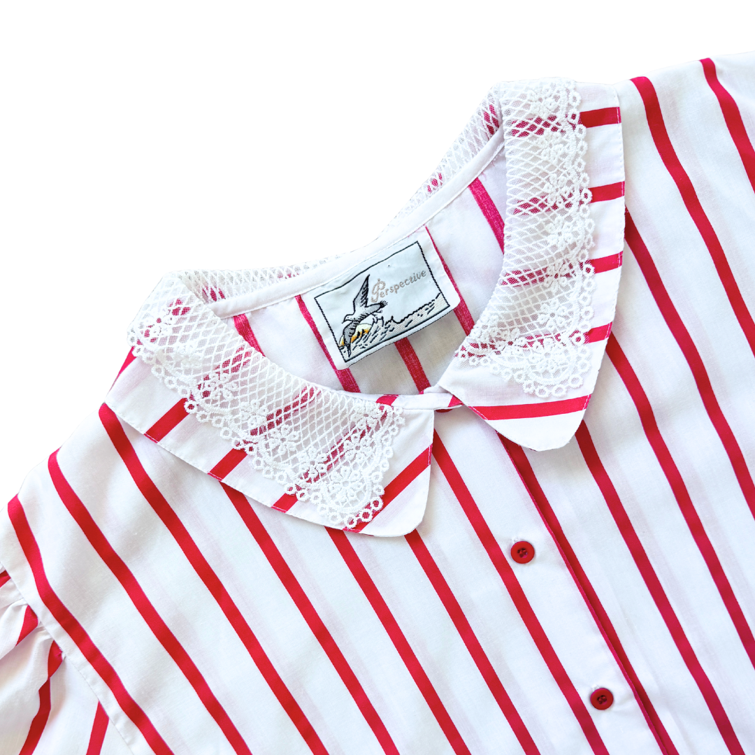 Perspective Red and White Striped Blouse with Lace Detailed Collar | Large
