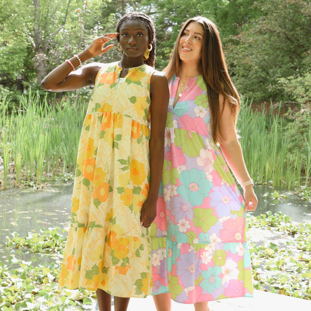Recycled Bold Yellow and Orange Floral Ruffled Midi Play Dress | Extra-Small