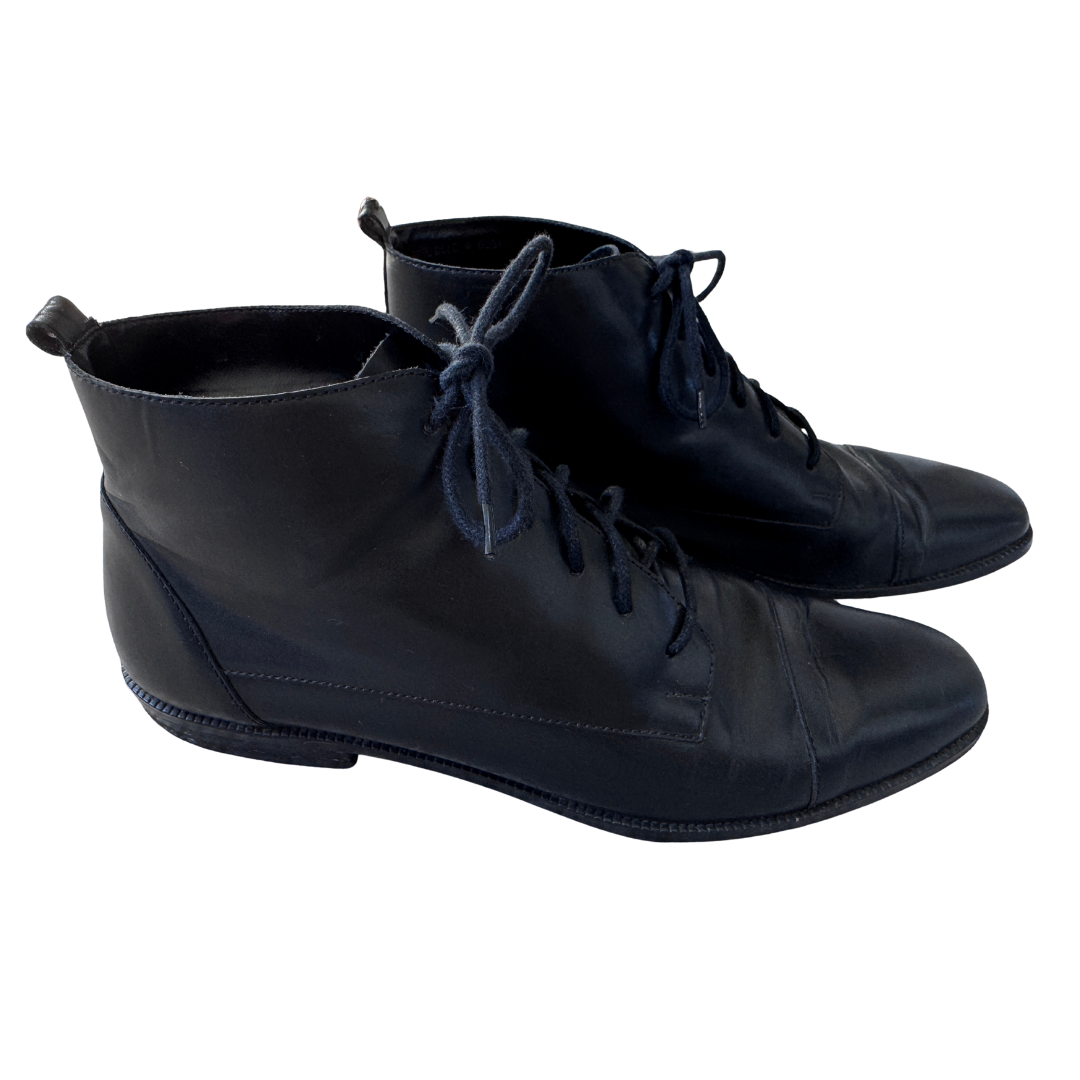 Connie Black Leather Square Toe Lace Up Ankle Boot | 8.5