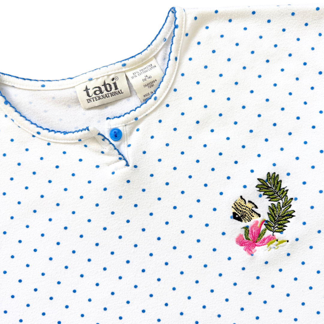 Tabi International Blue and White Polka Dot T-Shirt with Embroidered Fish | Large