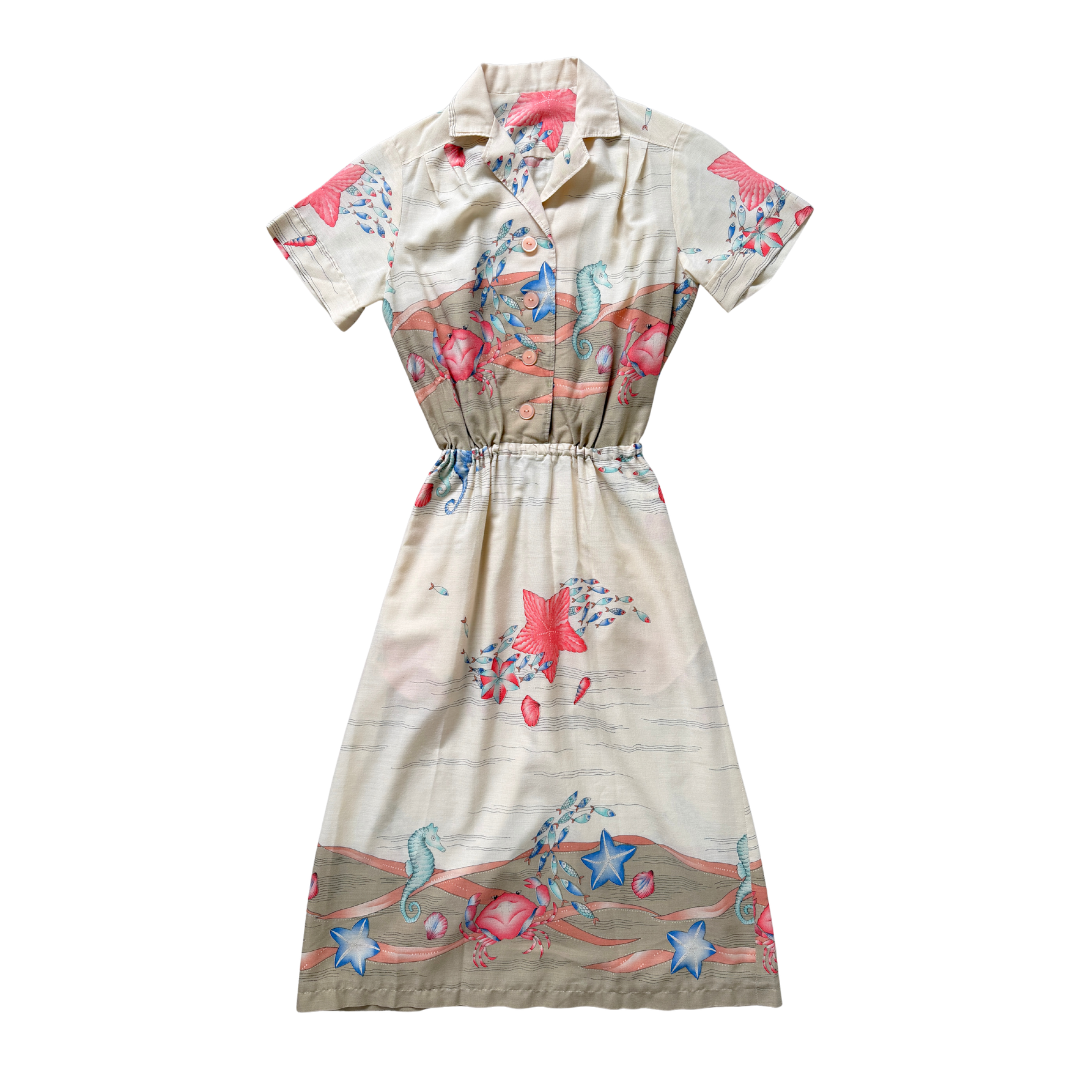 Vintage 80s Seascapes Collared Midi Dress | Small