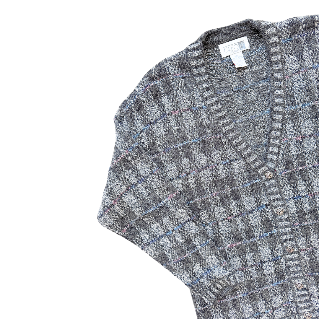 Cleo Petites Grey Plaid Mohair Blend Cardigan | Medium-Large
