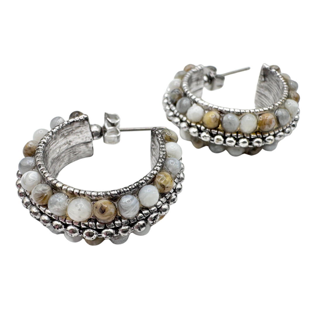 Chunky Silver and Stone Beaded Semi-Hoops