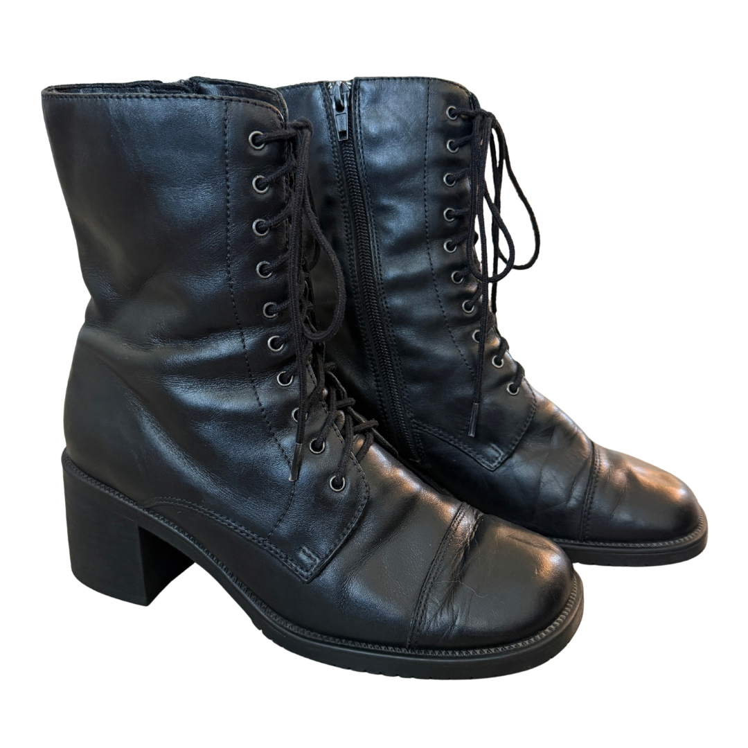 1990s-2000s Transit Black Leather Square Toe Mid Heel Lace-Up Boots