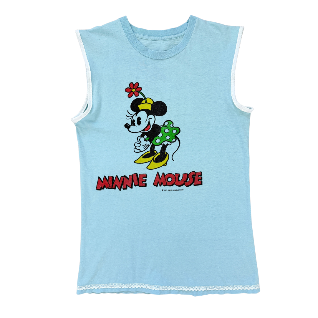 Reworked 1980s Disney Mini Mouse Sleeveless T-Shirt with Lace Trim Small