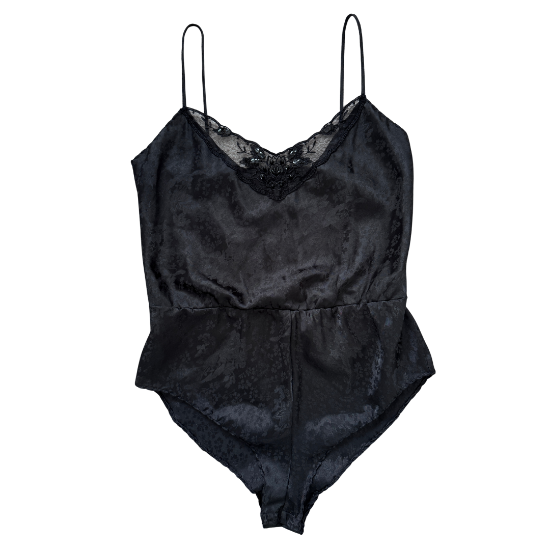 Vintage Body Chic Black Floral Satin and Lace Body Suit | Small