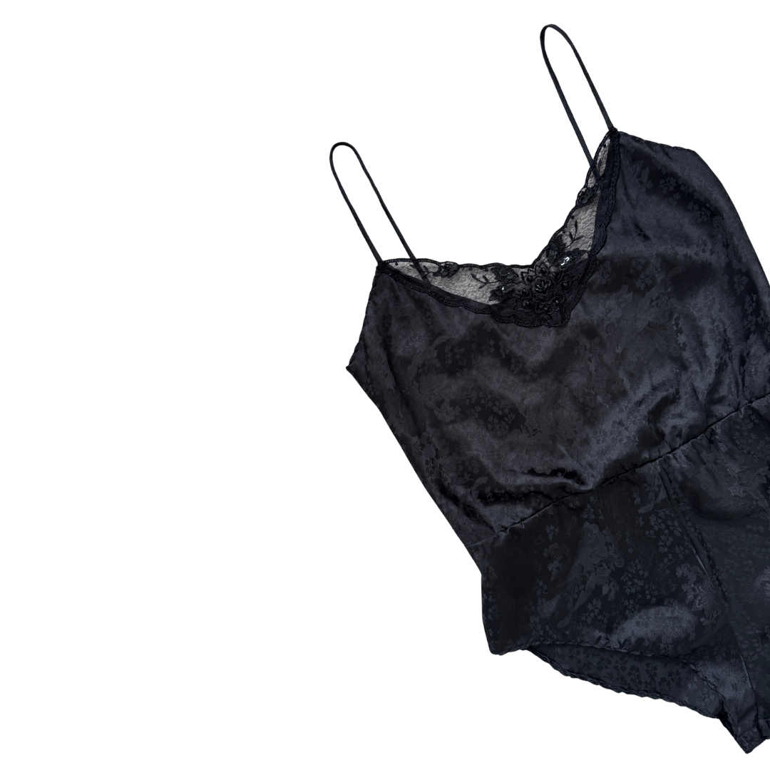 Body Chic Black Floral Satin and Lace Body Suit | Small