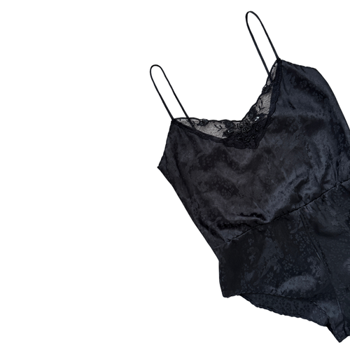Body Chic Black Floral Satin and Lace Body Suit | Small