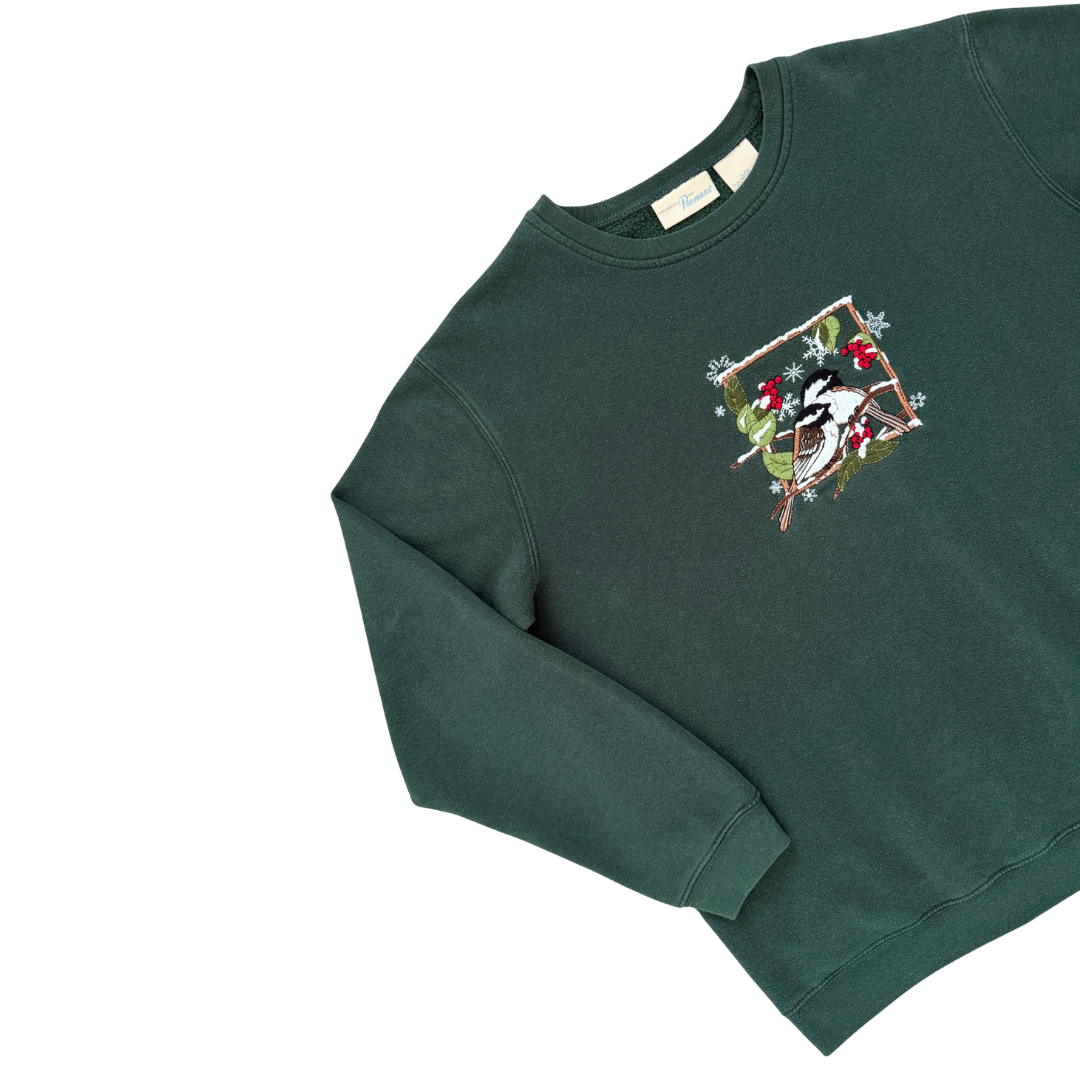 Penman's Dark Green Chickadee and Holly Sweatshirt | Large