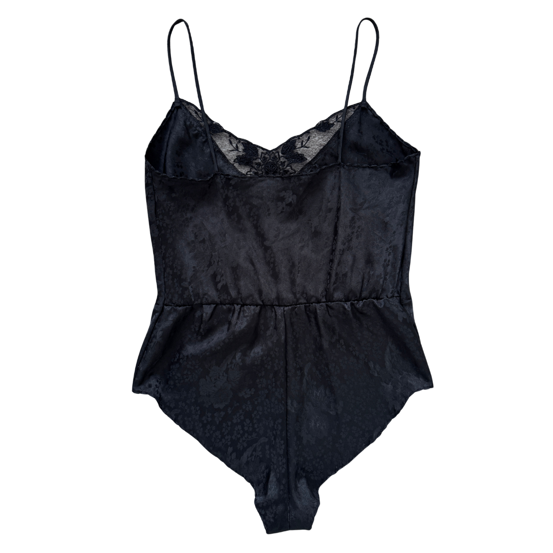 Body Chic Black Floral Satin and Lace Body Suit | Small