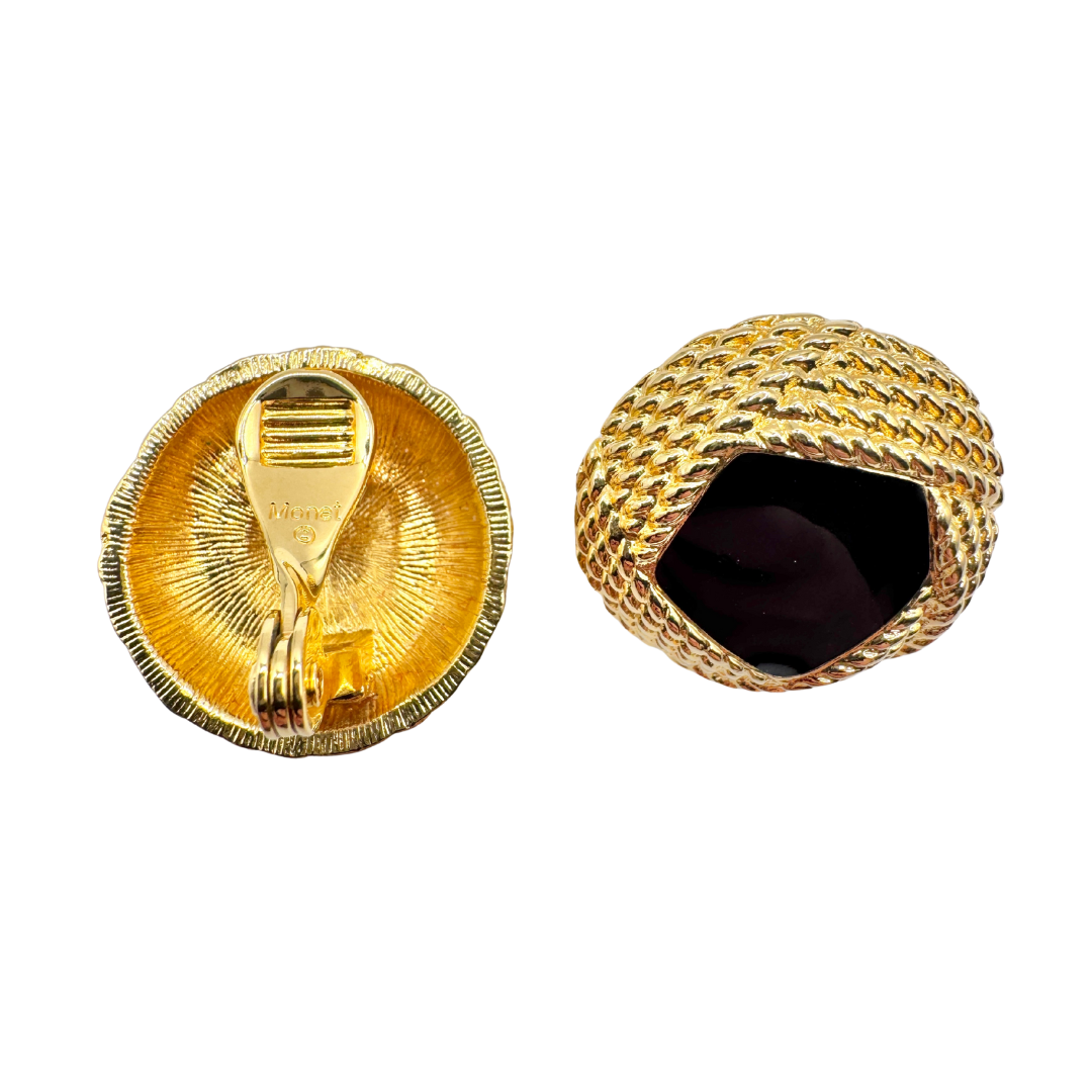 Monet Gold-Tone Weave Clip-on Earrings with Black Enamel Centre