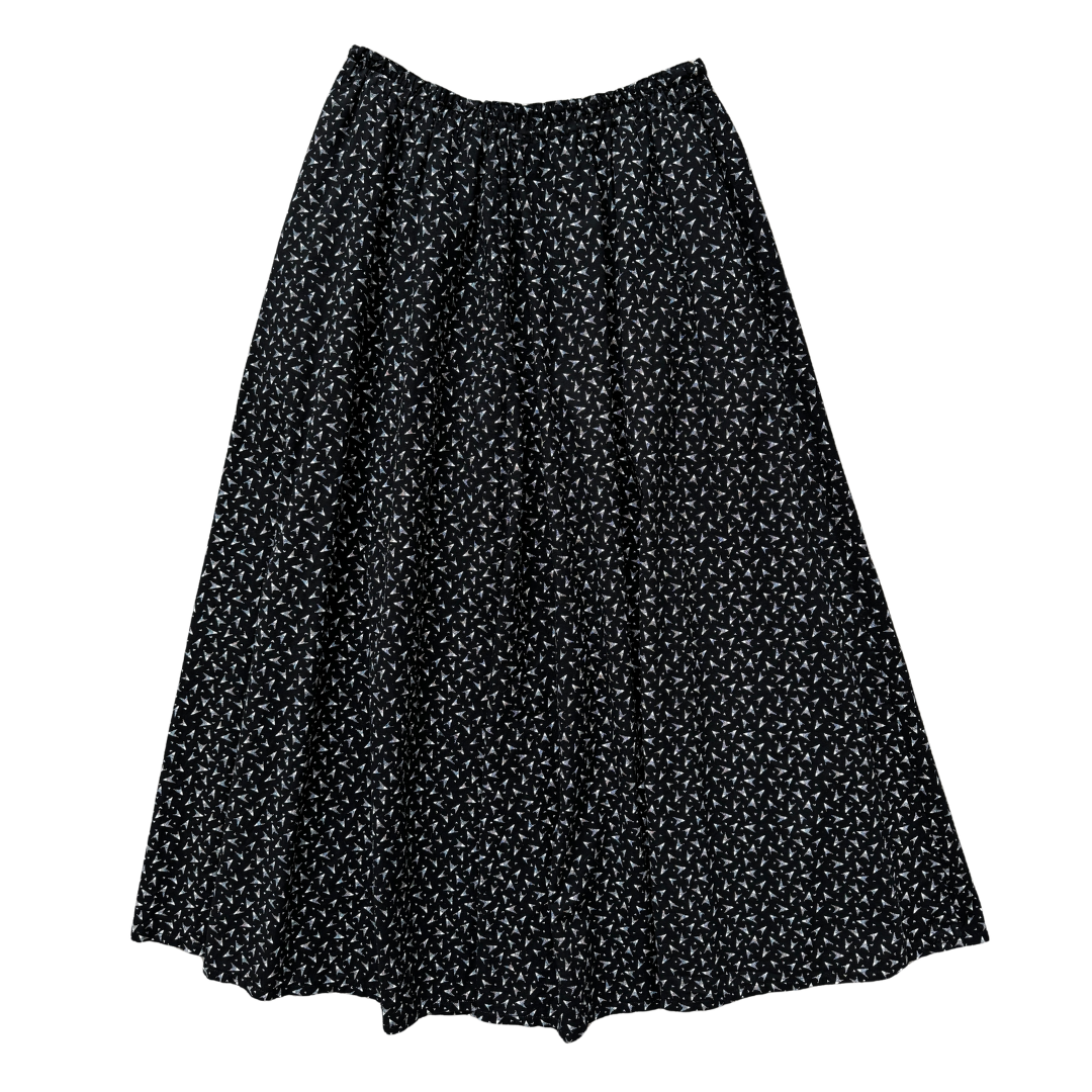 Vintage 80s Black Cotton Maxi Skirt with Geometric Print | Medium