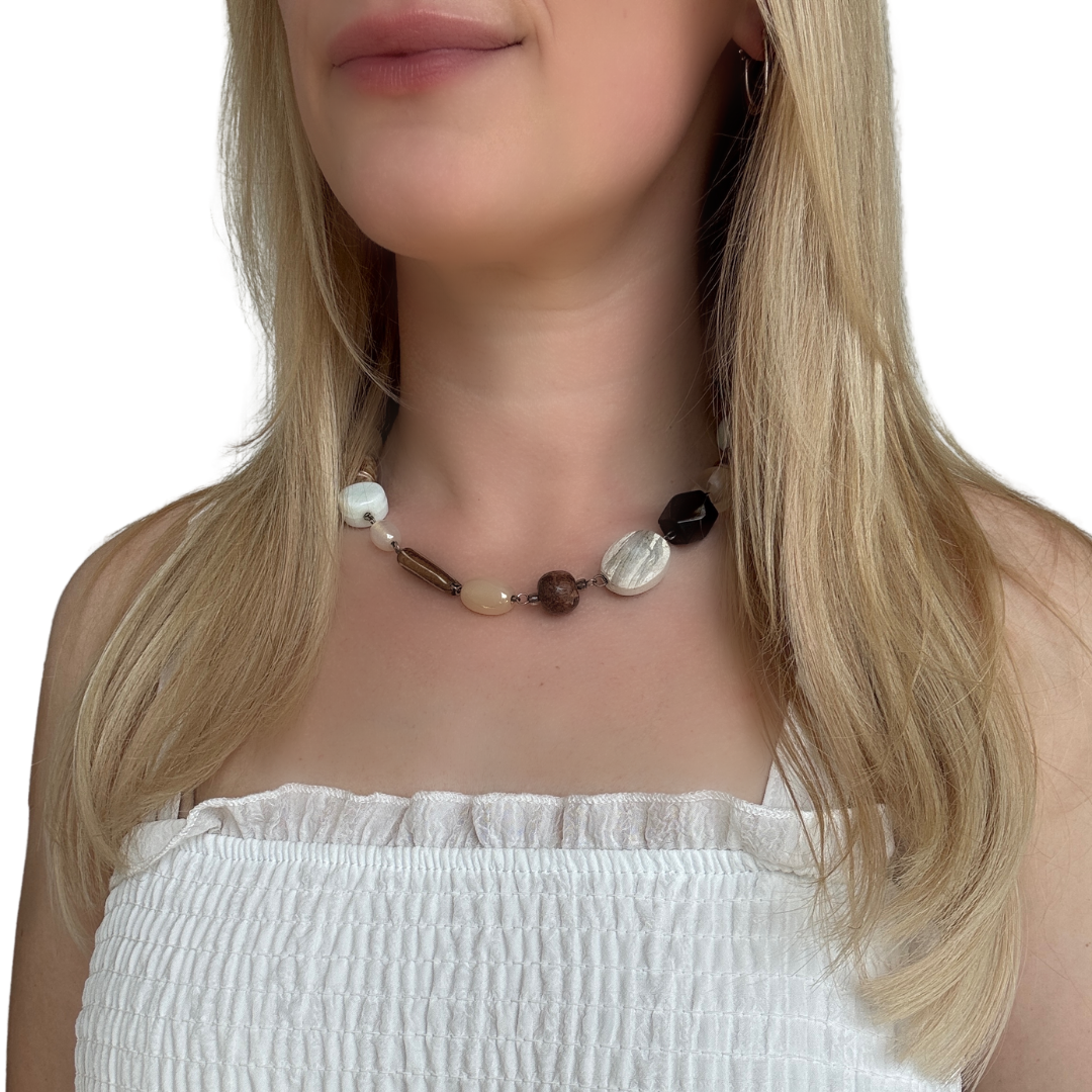 Upcycled Mixed Neutral Chunky Beaded Necklace