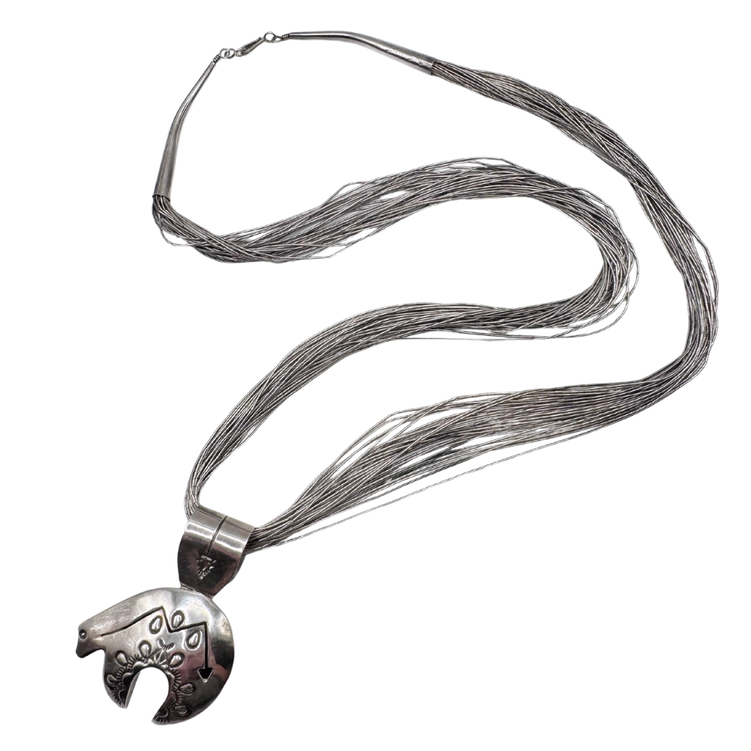 Joe Delgarito Sterling Silver Navajo Lightening Bear Pendant Necklace