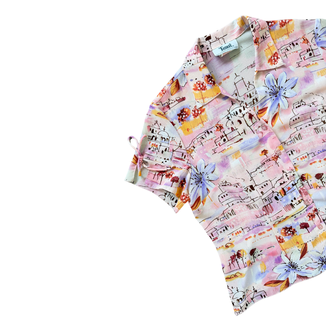 Tobi Pink Tie-Back Blouse with Purple Flowers | Medium - Large