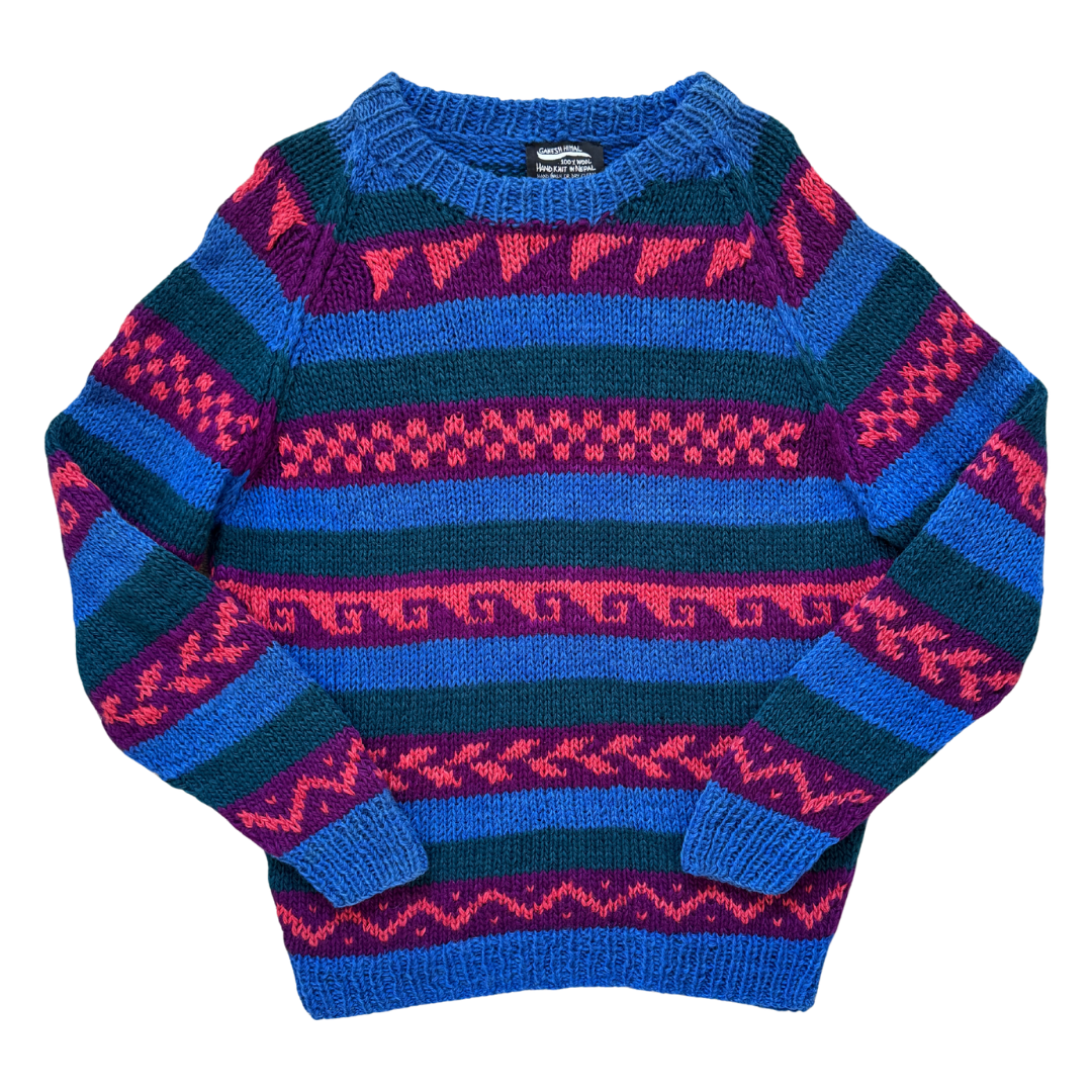 Vintage Blue, Orange, Purple and Green Abstract Print Wool Sweater | Large / Extra-Large