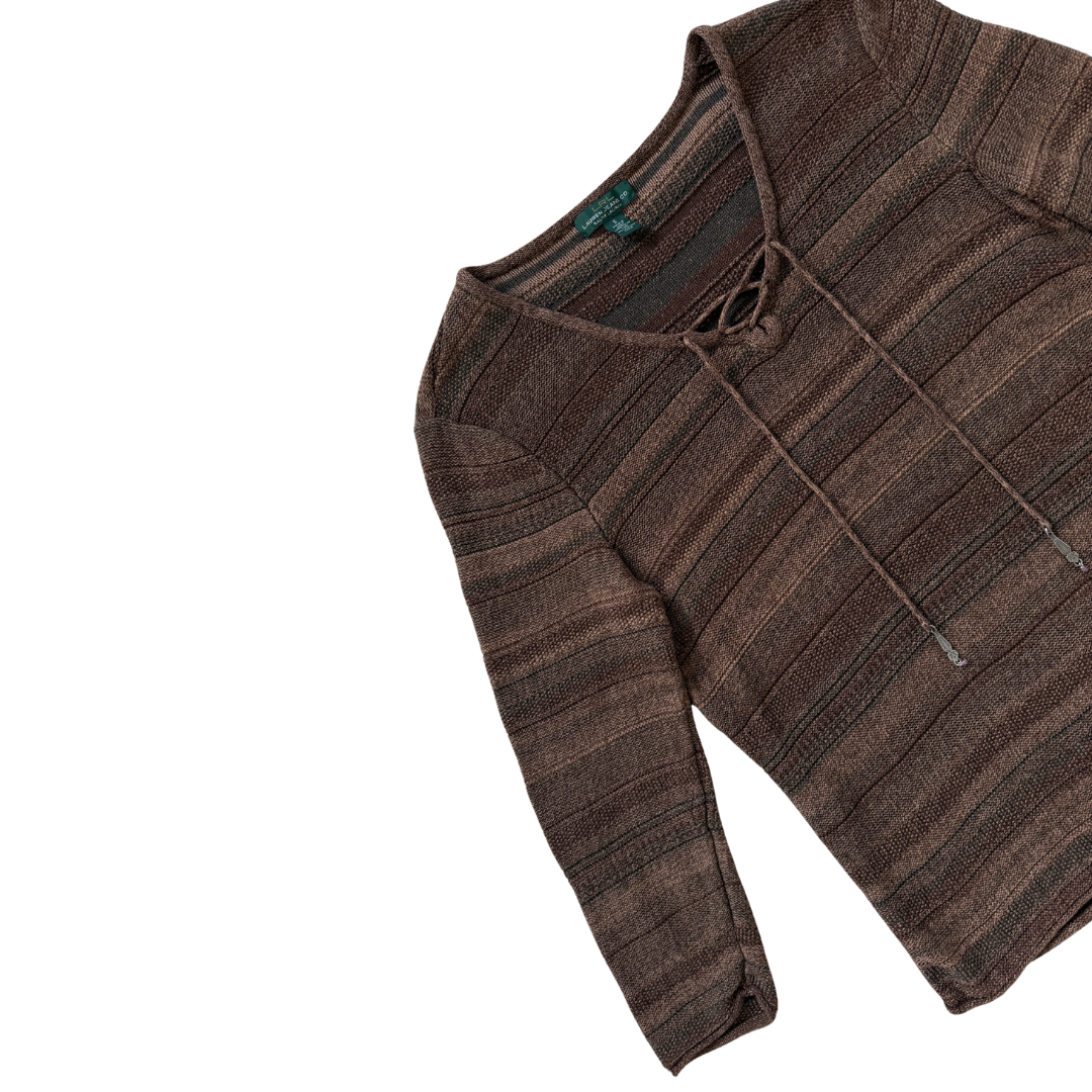Ralph Lauren Brown Stripe Lace-Up Sweater | Small
