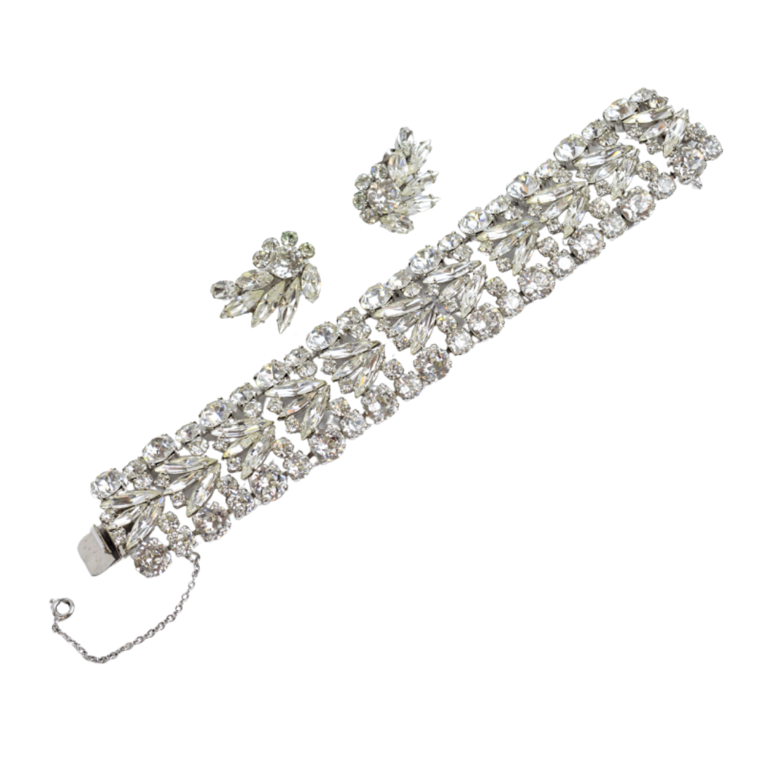 Vintage Sherman Ornate Clear Crystal Bracelet and Earring Set | 1960s