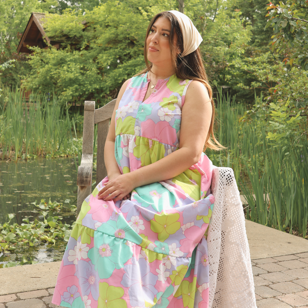 Recycled Bright Pastel Floral Ruffled Midi Play Dress | 2XL