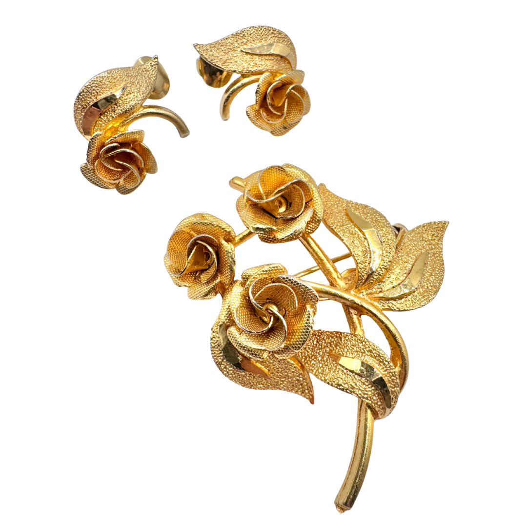 Vintage Signed Coro Goldtone Floral Brooch and Earring Set |1980s