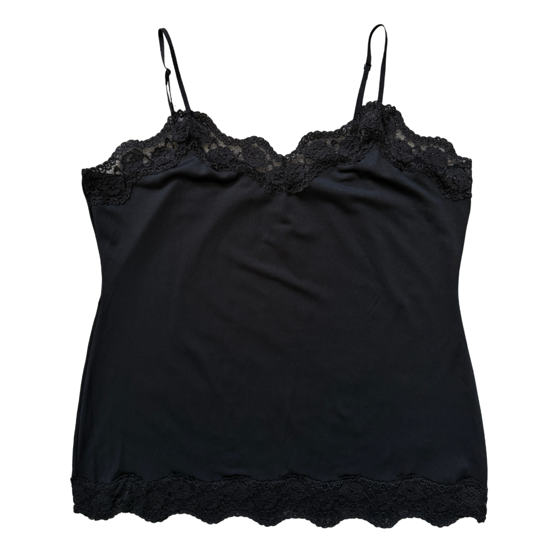 Vintage Y2K Fashion Avenue Black Lace Trim Tank Top | Extra-Large