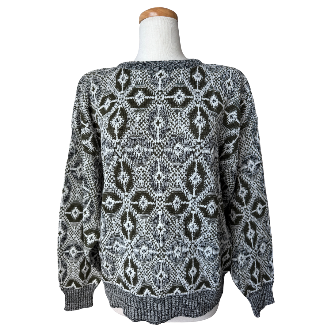 Grey and Green Abstract Print Grandpa Sweater | Large
