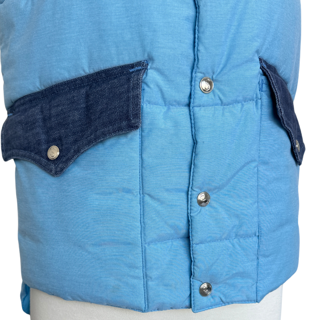 Sprung Blue Puffer Vest with Denim Details | Medium