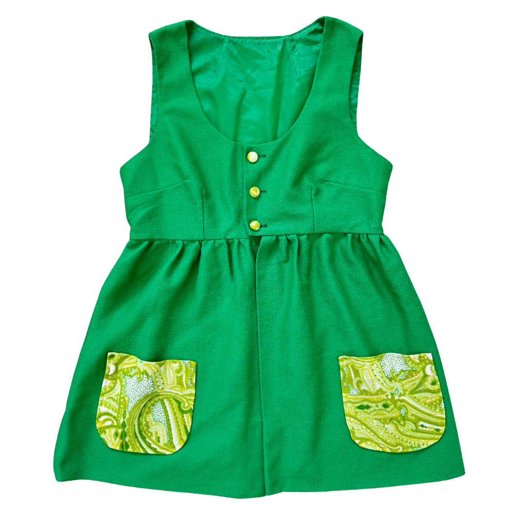 Vintage 70s Bright Green Vest with Neon Green Paisley Pockets | Extra-Small 