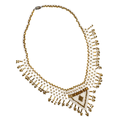 White and gold hand beaded bib necklace with fringe edges.