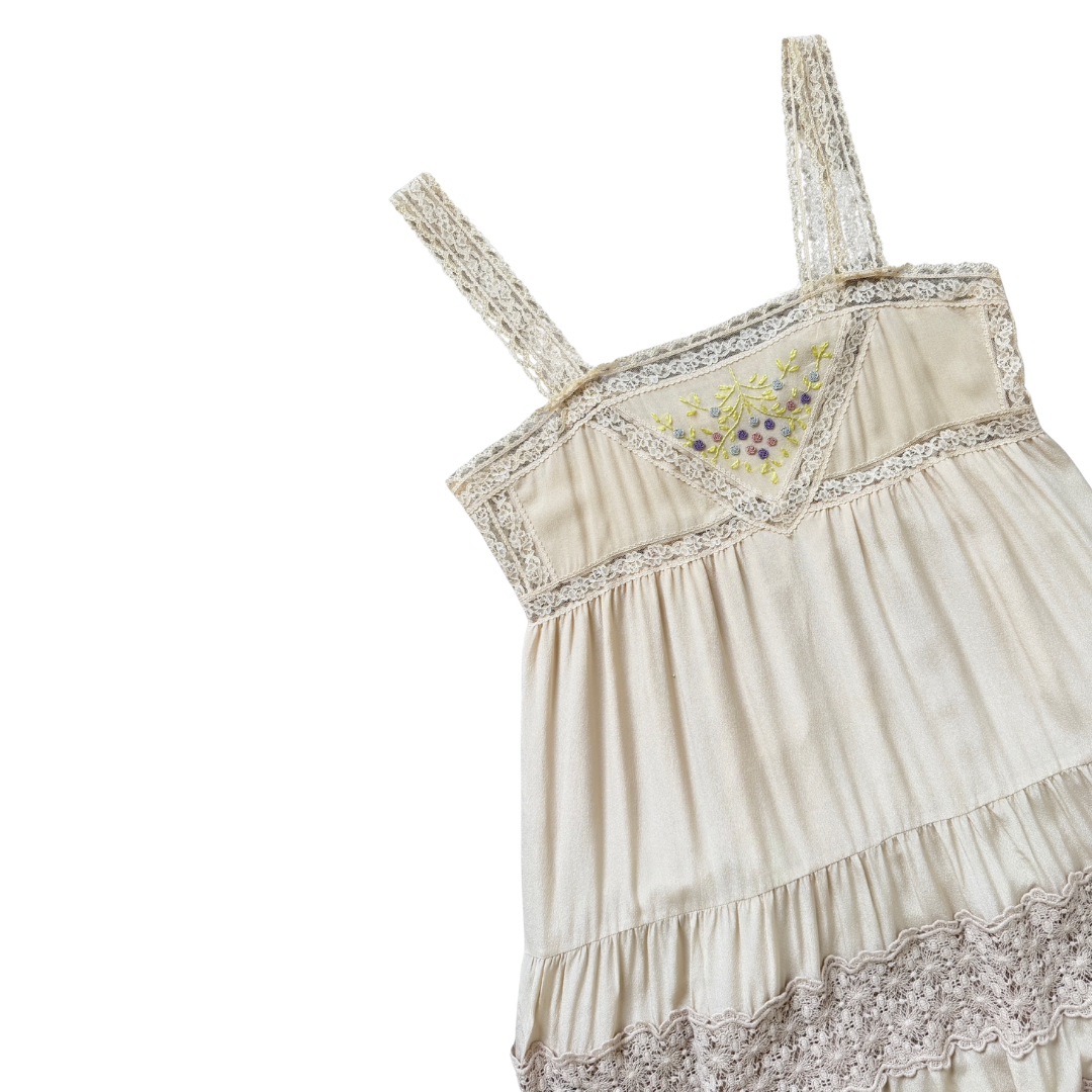 SASS Lace Trim Silk Dress with Crochet and Embroidered Floral Detail | Small - Medium