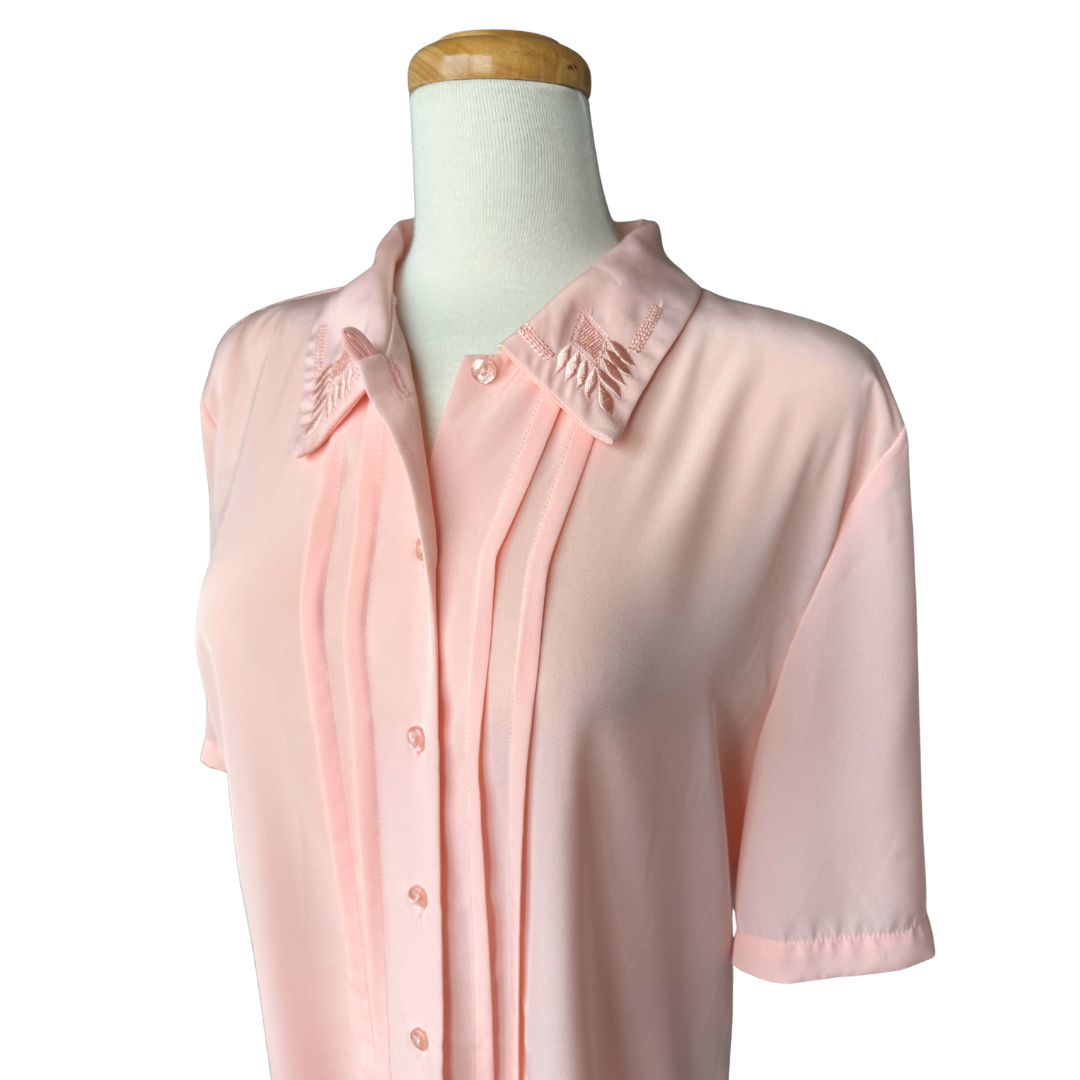 Peach Pleated Blouse with Embroidered Collar | Extra-Large