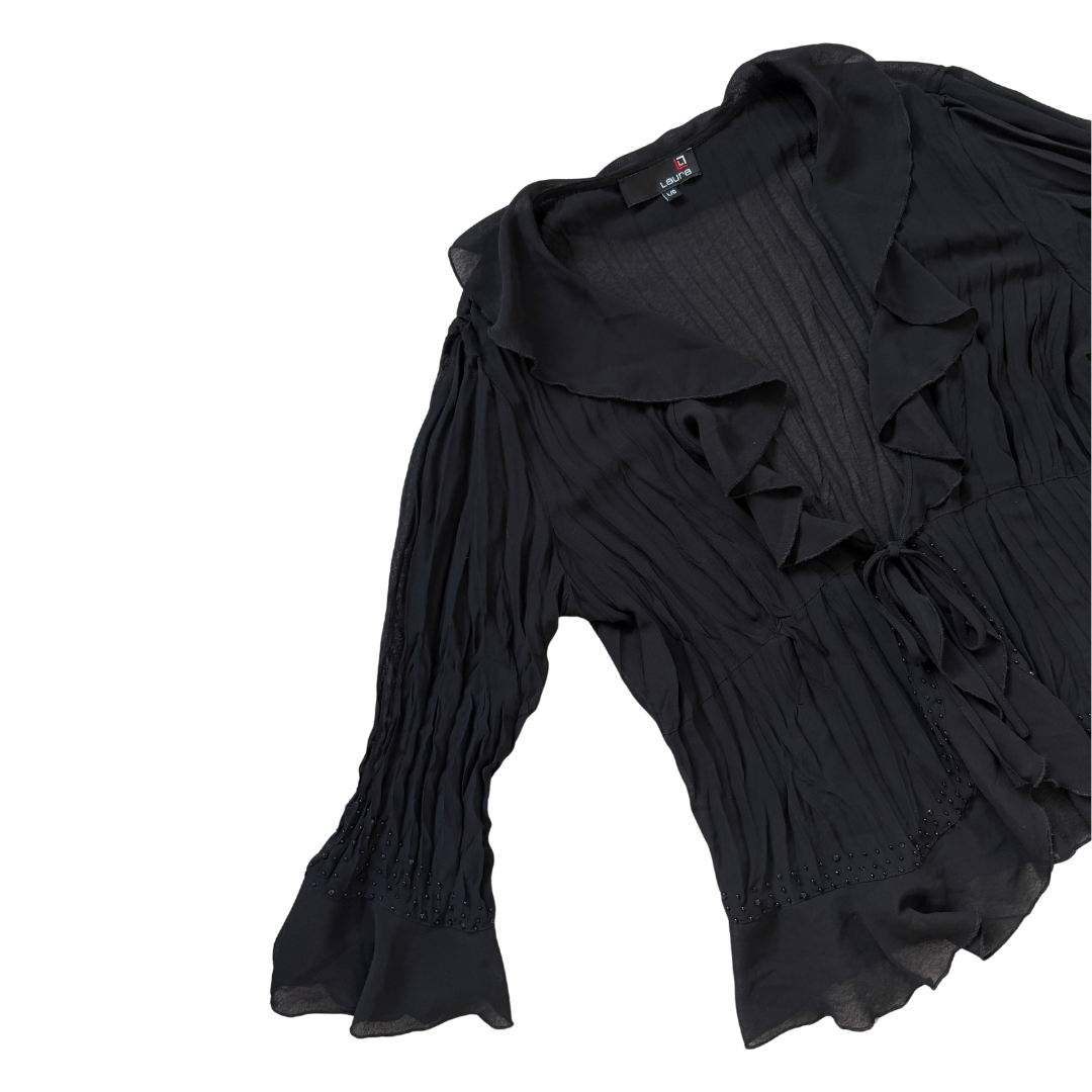 Laura Sheer Black Ruffled Blouse with Beaded Detail | Large