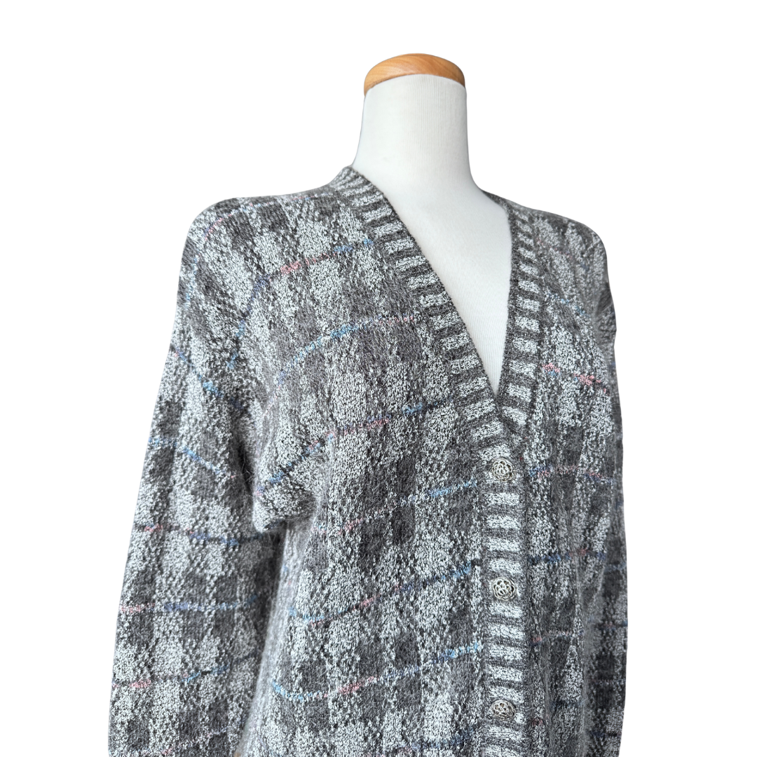 Cleo Petites Grey Plaid Mohair Blend Cardigan | Medium-Large