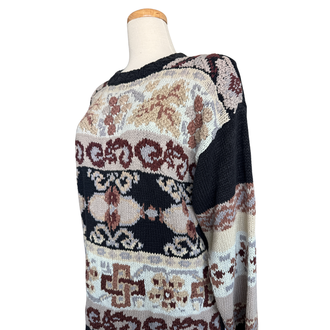 Popull'ere Black/Beige and White Floral Sweater | Medium