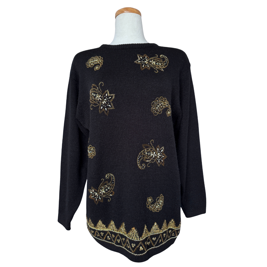 Cleo Black and Gold Beaded Paisley Sweater | Medium - Large