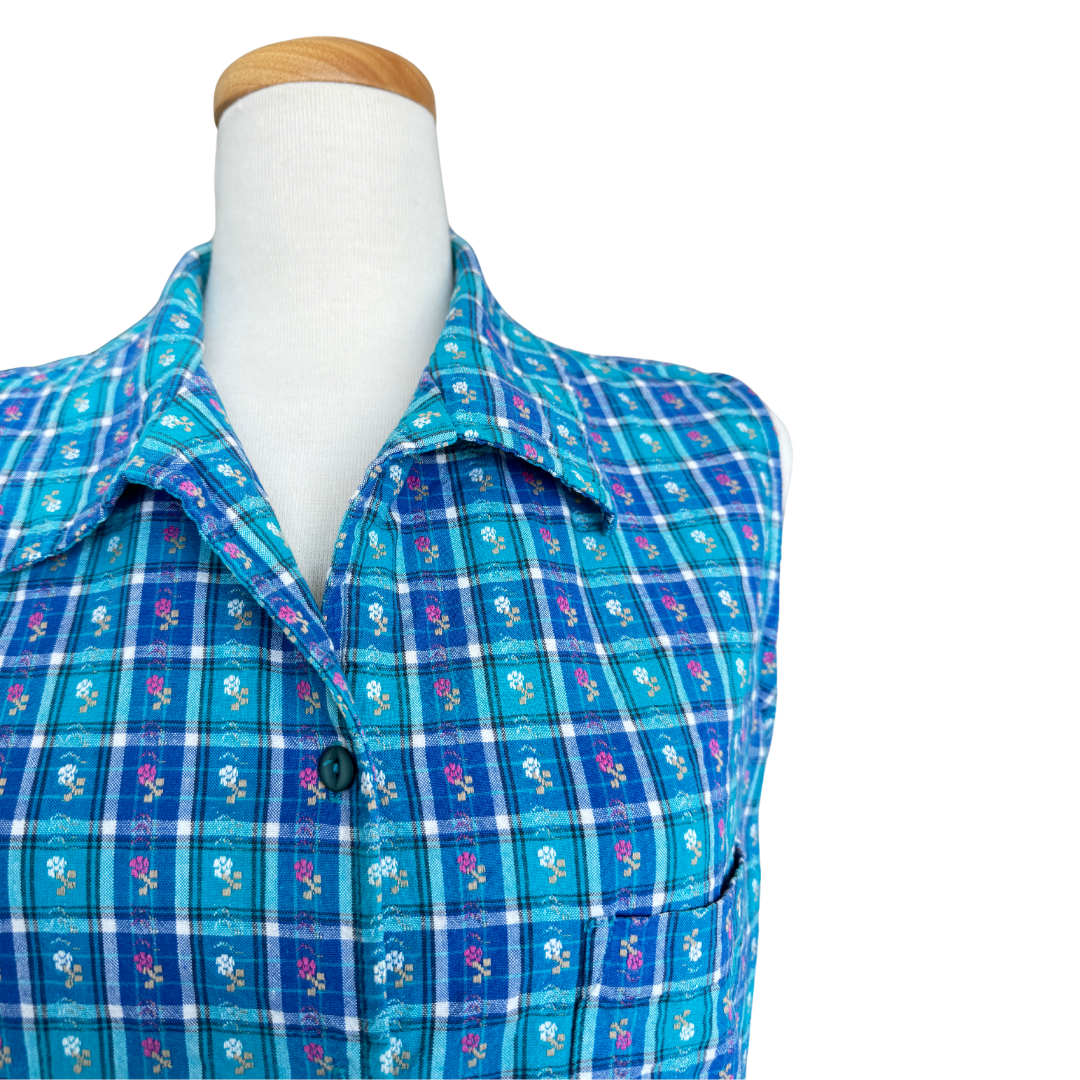 Teal Floral Plaid Sleeveless Blouse | Medium-Large