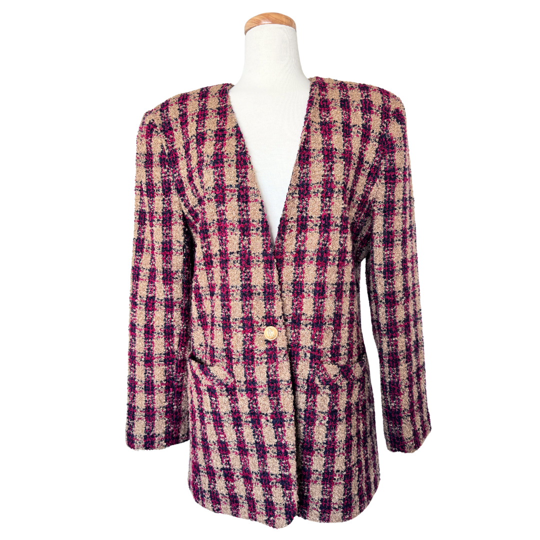 Collections International Plaid Tweed Wool Blend Blazer | Large