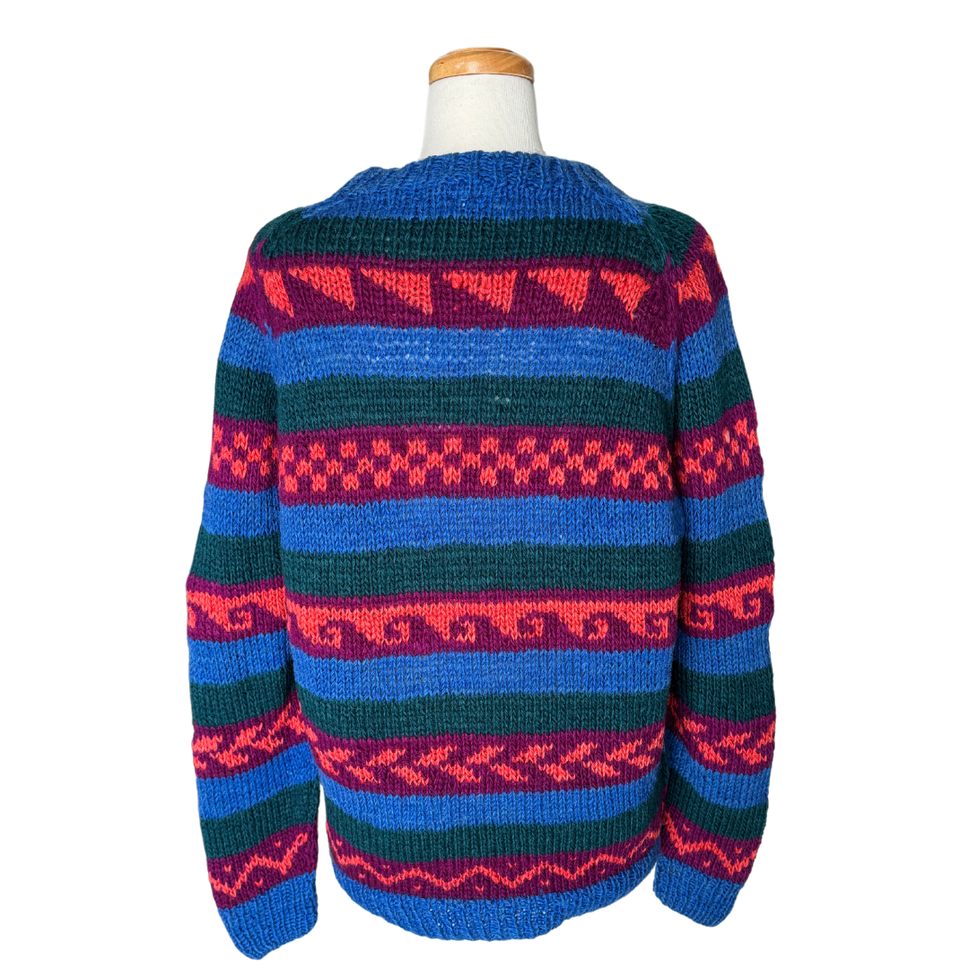 Blue, Orange, Purple and Green Abstract Print Wool Sweater | Large / Extra-Large