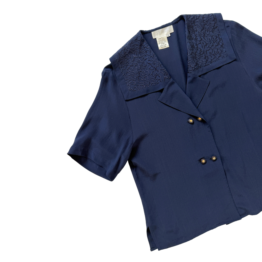 Como Seta Navy Silk Blouse with Oversized Embroidered Collar | Medium - Large