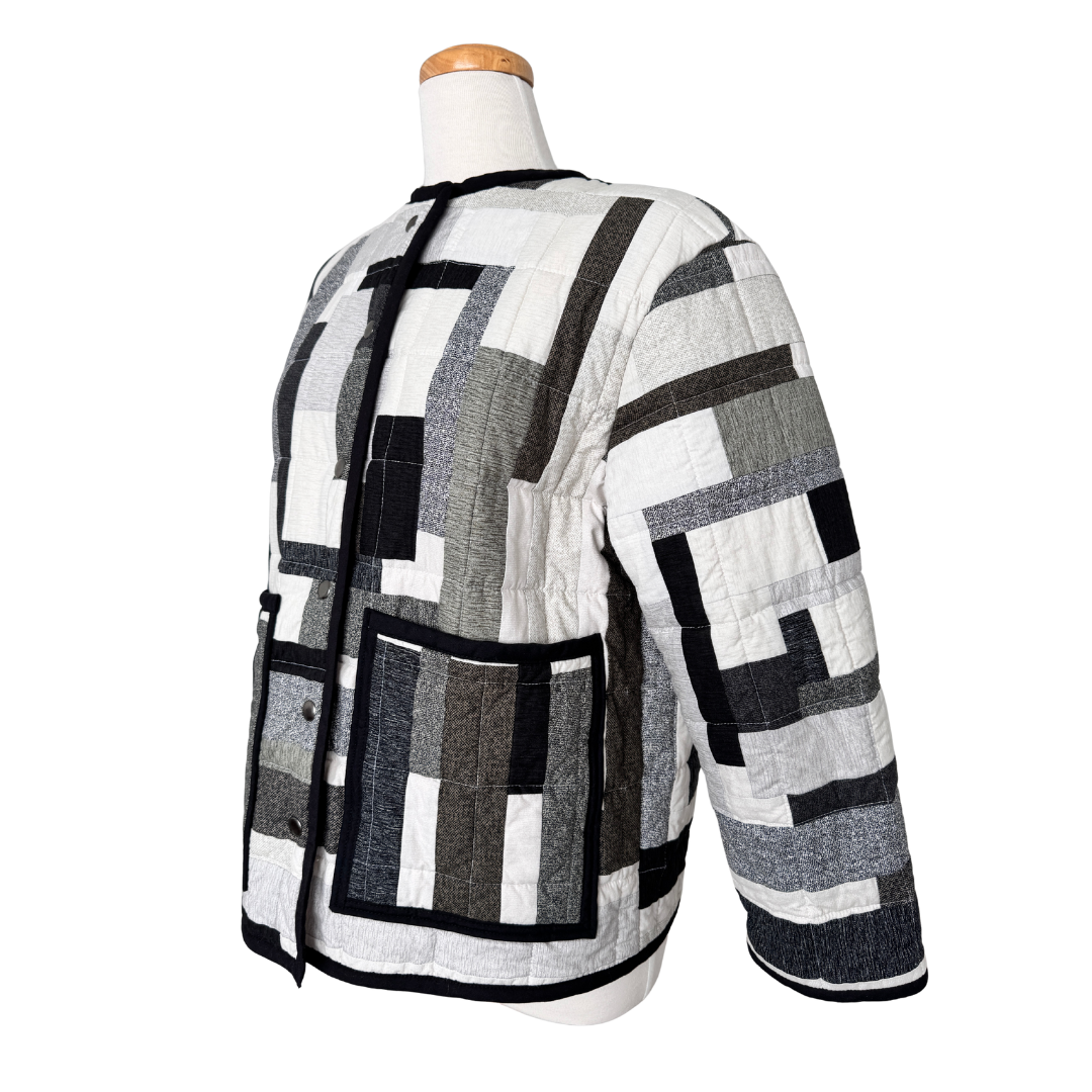 Recycled Geometric Grayscale Quilted Jacket | Large / Extra-Large