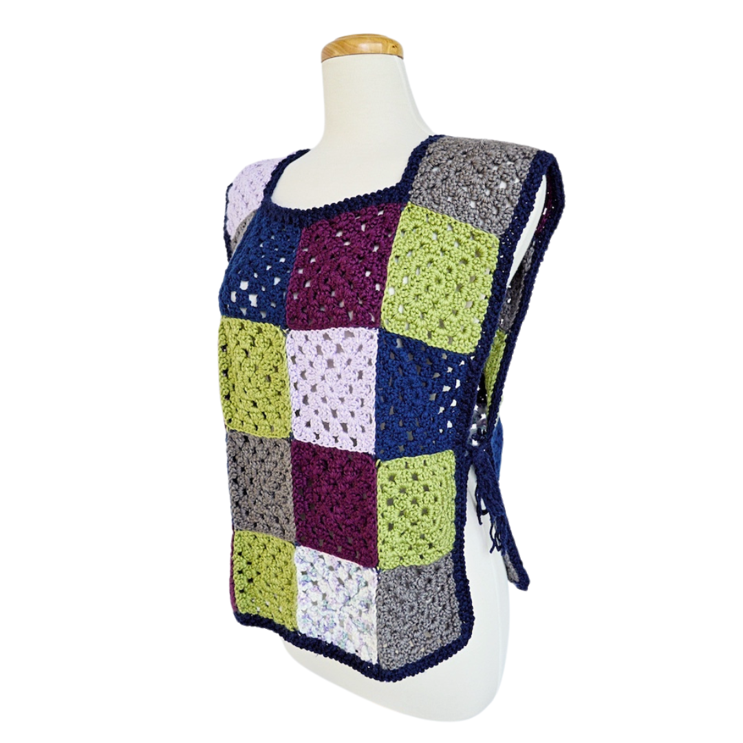 Up-Cycled Hand Crafted Dark Hues Granny Square Vest | One Size