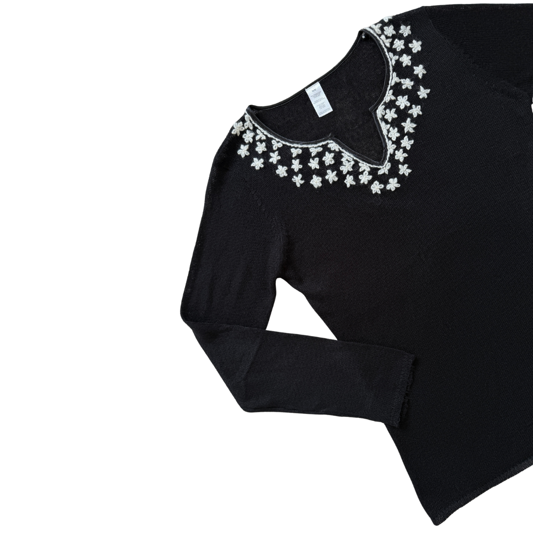 Black Ramie Blend Sweater with White Embroidered Flowers | Medium