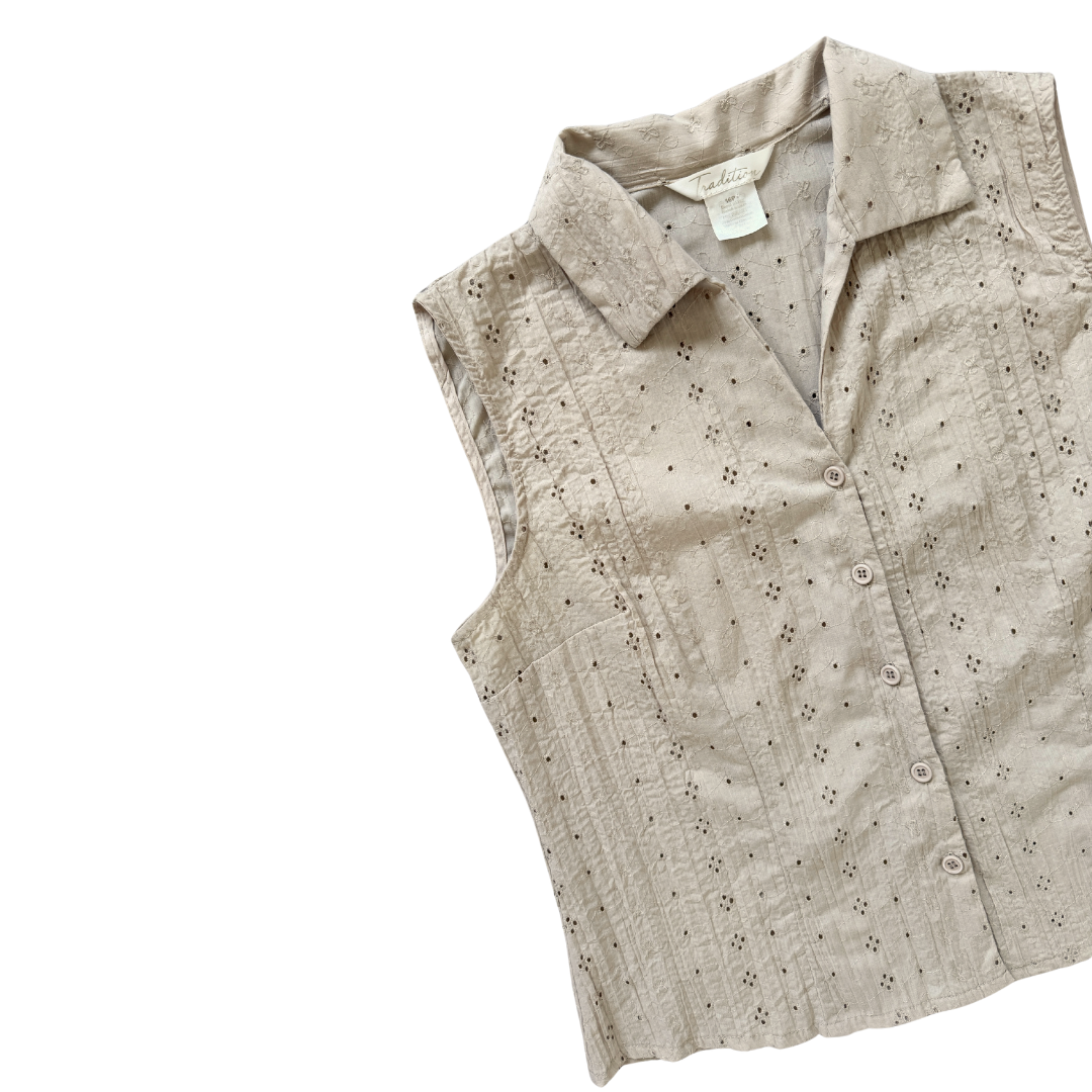 Tradition Beige Sleeveless Eyelet Blouse | Large