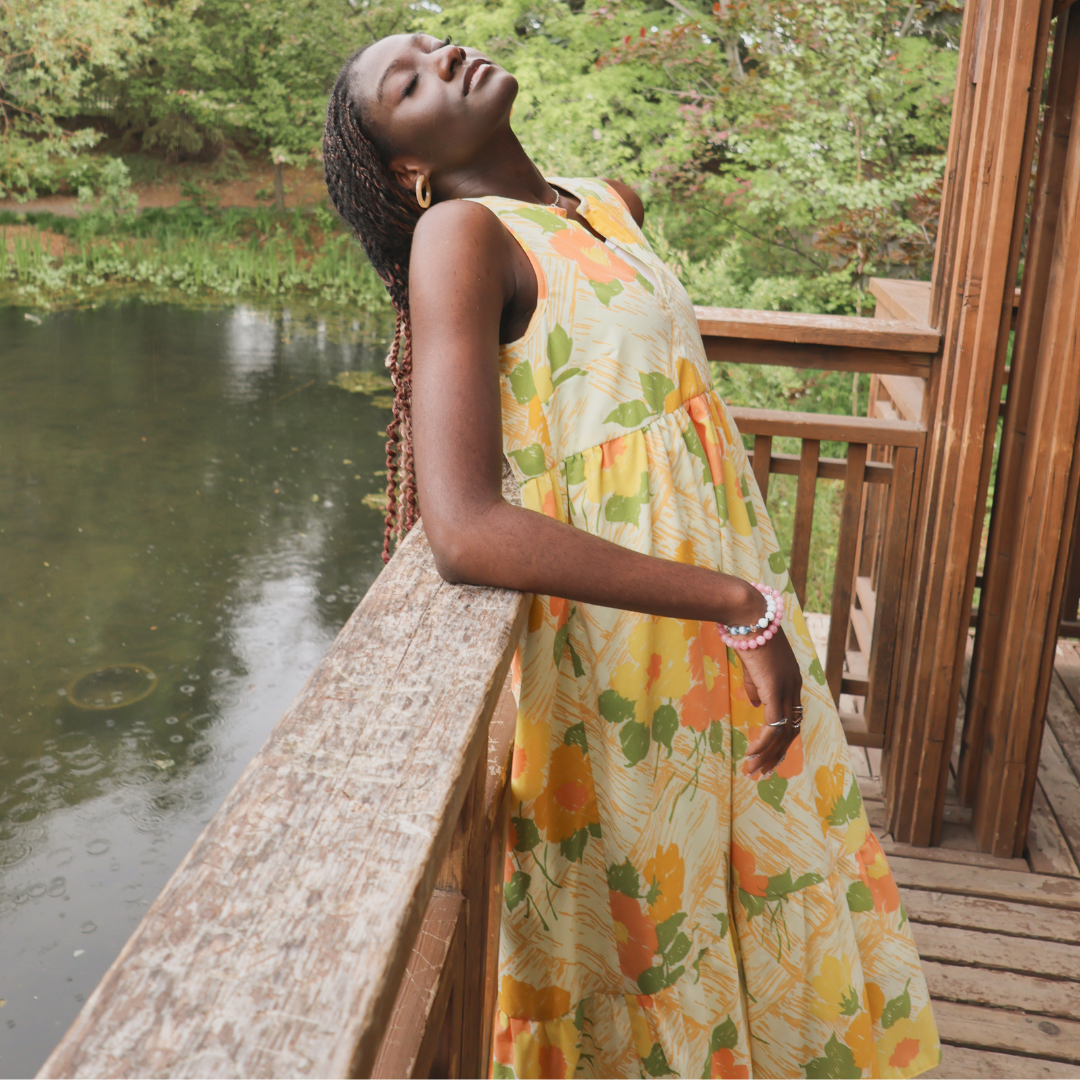 Recycled Bold Yellow and Orange Floral Ruffled Midi Play Dress | Extra-Small