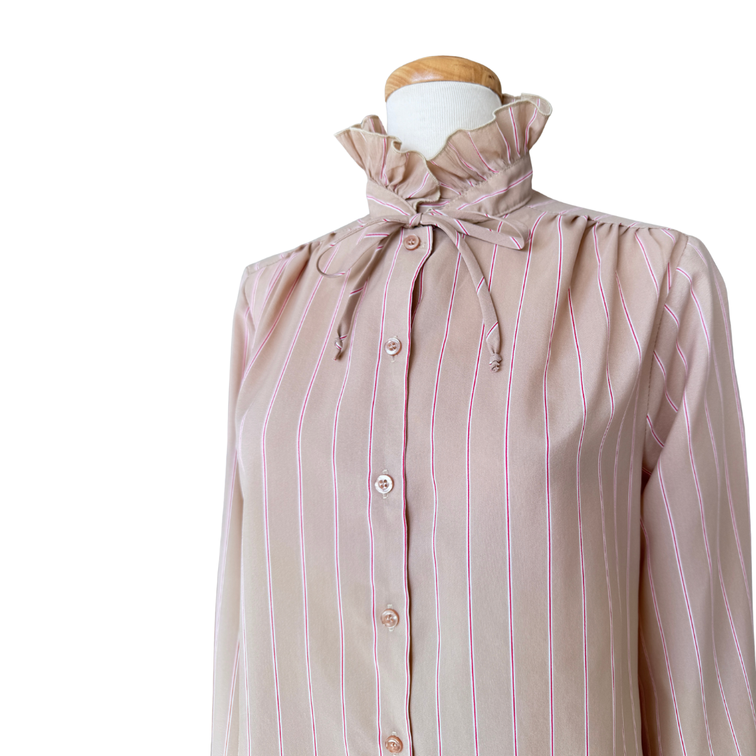 Chablis Beige and Red Striped Ruffle Collar Blouse | Medium