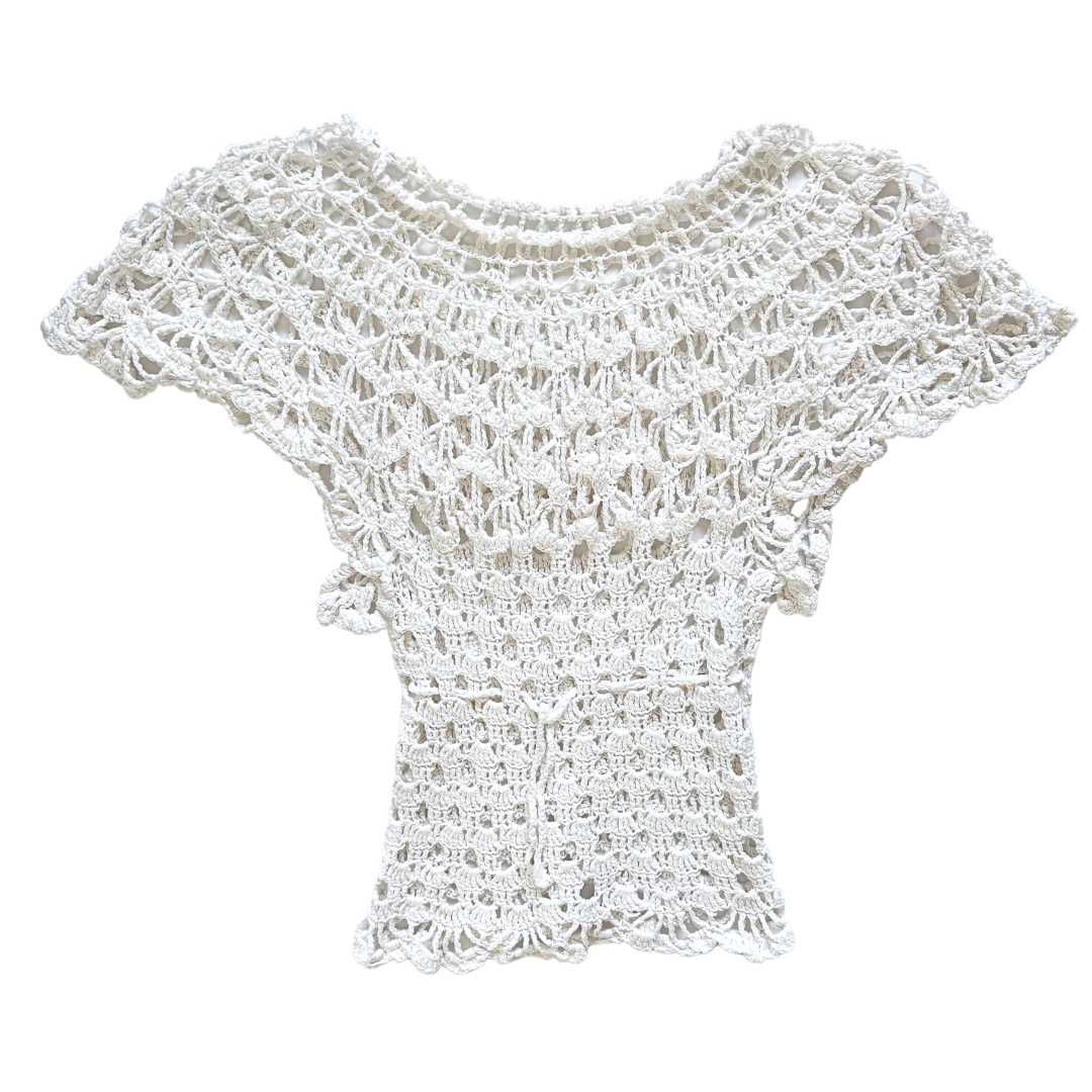 Hand Crocheted White Short Sleeve Blouse | Extra-Small / Small